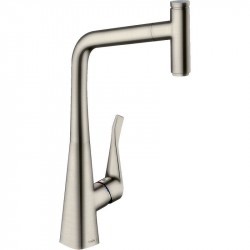 Hansgrohe Metris Select M71 drezová batéria 320s vyťahovacím výtokom vzhľad nerez s tlačítkom Select 14884800