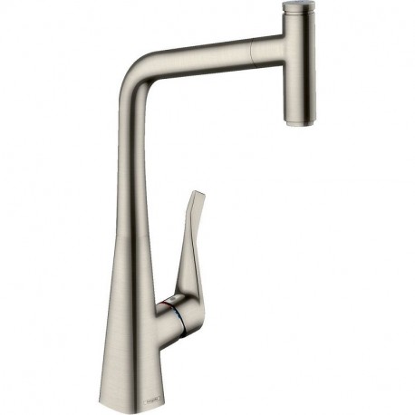 Hansgrohe Metris Select M71 drezová batéria 320s vyťahovacím výtokom vzhľad nerez s tlačítkom Select 14884800