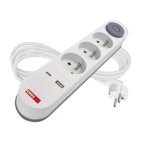 Predlžovací kábel 2 m / 3 zásuvky / s vypínačom / biely / 1×USB-A + 1×USB-C / 1,5 mm2